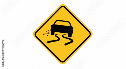 Yellow diamond road sign shows a black car skidding on a wet road
