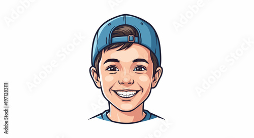 Young boy in a blue cap with a big smile, animated style