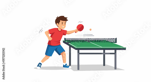 Young boy plays table tennis with focused expression, hitting ball