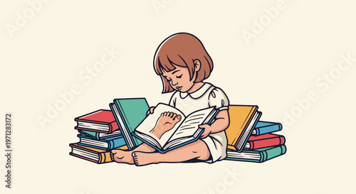 Young girl engrossed in reading a book with an illustration of a foot