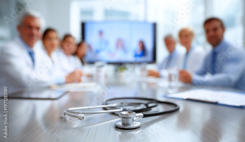 Group of diverse medical professionals sitting around a conference table in a modern hospital or clinic setting, engaged in discussion and collaboration