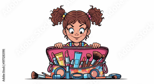 Young girl joyfully peeking into her open, colorful makeup bag with items spilling out