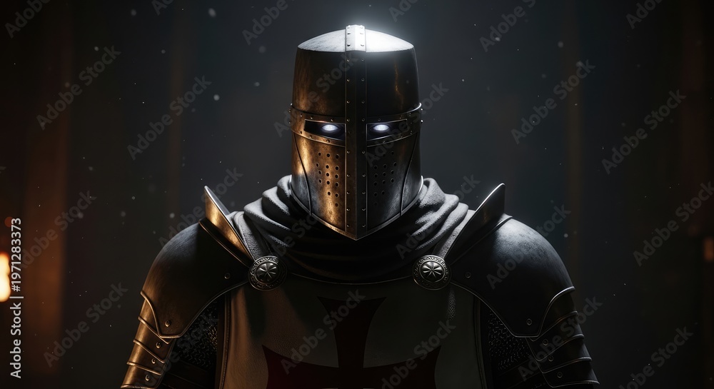 Naklejka premium Mysterious armored knight with glowing eyes in a dark, atmospheric setting.