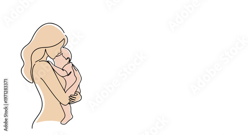 Tender illustration of a mother holding and kissing her baby with love and care in a simple style