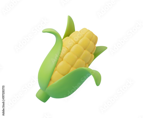 Realistic 3D corn on the cob icon isolated on a white background. Fresh yellow maize with green husks for healthy food.