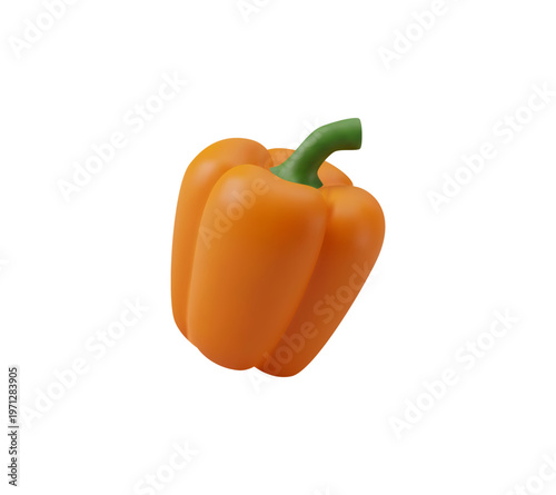 Realistic 3D orange bell pepper isolated on a white background. Vibrant ripe juicy vegetable for healthy food concepts.