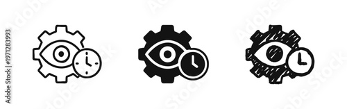 Gear with Eye and Clock Icon Set. Time Monitoring, Operational Oversight, and Process Management Concept.