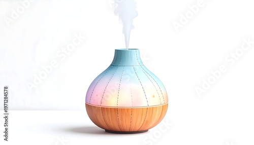 A modern essential oil diffuser, in a bulbous shape with a gradient blue and wood finish, emitting vapor. The device is glowing with warm light