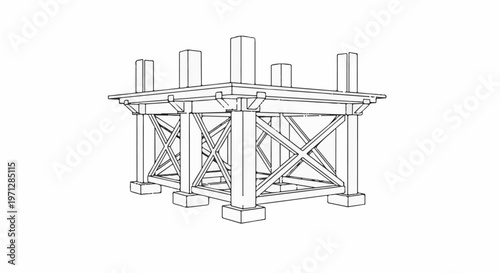 Wireframe architectural rendering of a wooden structure with support beams