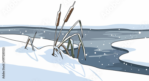 Winter scene with snow-covered cattails by a flowing water body