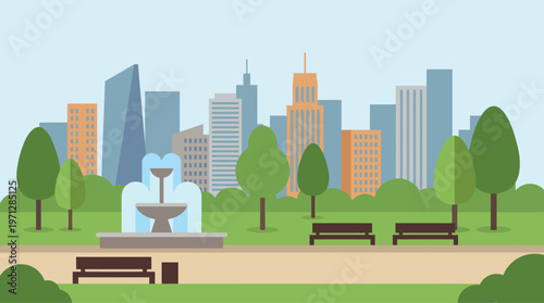Illustration of a city park with fountain.
