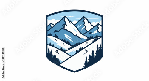 Winter mountain scene with skiers and snowboarders descending slopes