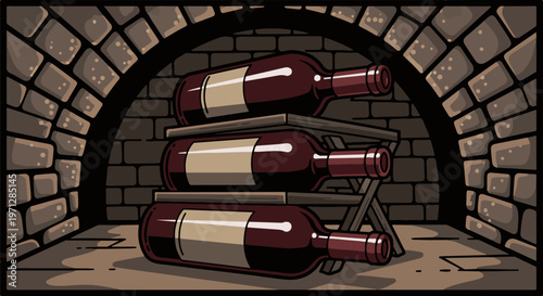 Wine bottles resting in a rustic cellar with arched brick walls