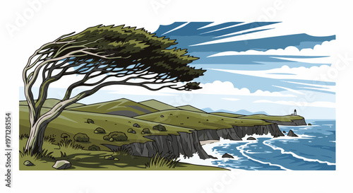 Windswept tree guards rugged coastline with crashing waves and distant lighthouse