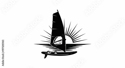 Windsurfer silhouette against a rising sun over water