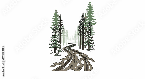 Winding winter forest road with snow-dusted pine trees