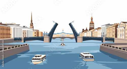 Wide view of a city canal with a bascule bridge open over the water