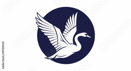 White swan with outstretched wings in a dark blue circle