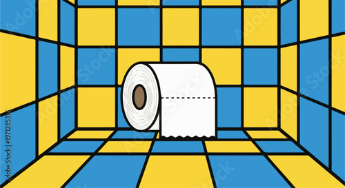 White toilet paper roll on a vibrant, checkered yellow and blue background