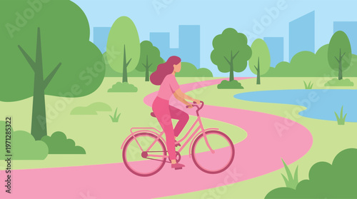 Woman riding bicycle on park pathway.