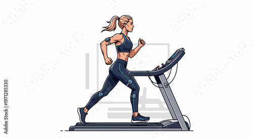 Woman with athletic build running on a treadmill with smart