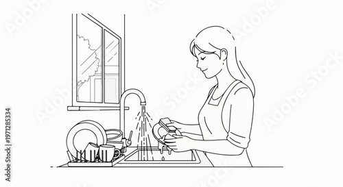 Woman washing dishes at sink near window with dishes drying