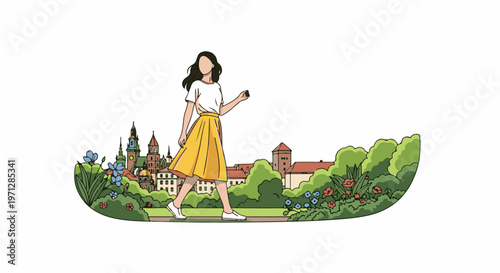 Woman walking past urban landscape with buildings, trees, and flowers