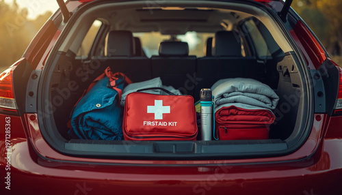 Car Trunk with First Aid Kit, Emergency Supplies, and Travel Gear