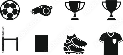 Set of soccer icons including ball, whistle, trophy, goal, card, and uniform