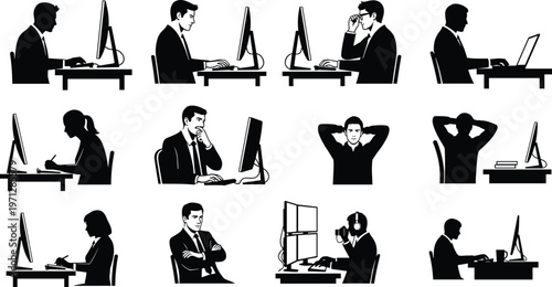 Black Silhouettes of People Working at Computers, Office Desk Activities, Vector Collection on White Background