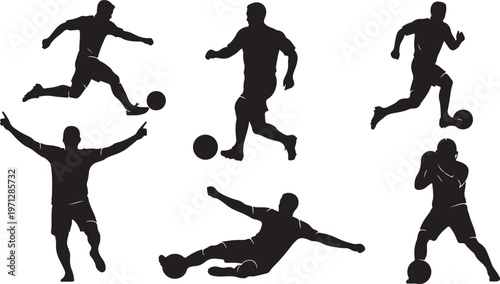 Set of soccer player silhouettes in various action poses