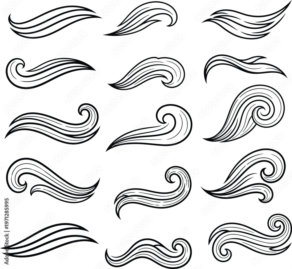 Fototapeta premium Decorative swirl and wave elements with line art