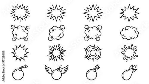 Explosion icon set with burst comic effects smoke blast and dynamic symbols for design