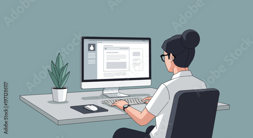 Professional young woman typing on desktop computer at her clean desk in an office setting, focused on her work.