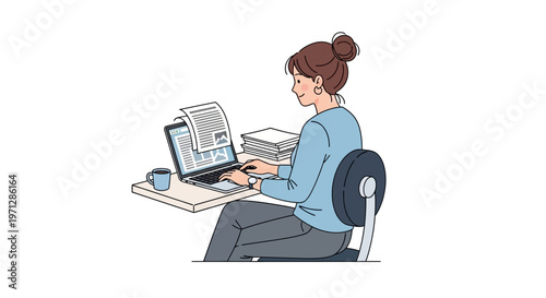 Busy young woman typing on laptop and working with documents at her desk in a bright studio, focused on productivity.