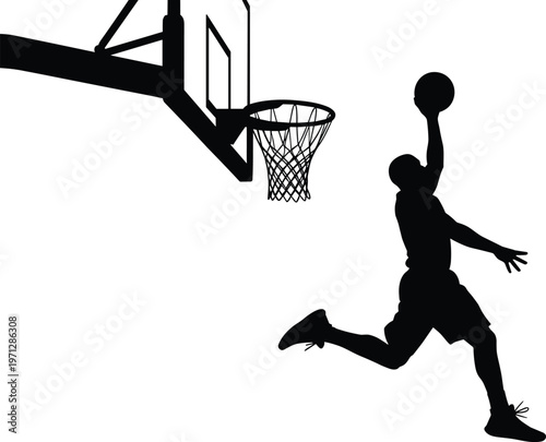 Black Silhouette of a Basketball Player Dunking the Ball, Vector Illustration on White Background