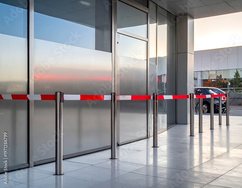 A modern exterior building featuring reflective glass, a barrier, polished metal posts and a passing vehicle. The architecture appears clean