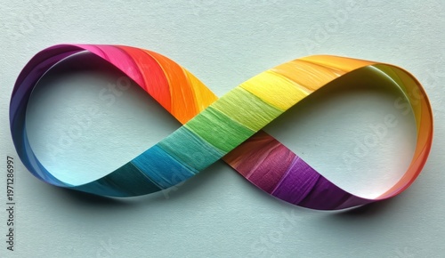 A colorful paper strip twisted into an infinity symbol on a white background, showcasing a gradient rainbow pattern.