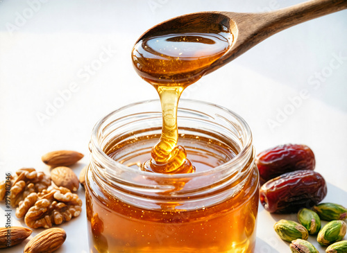 honey streaming from a wooden dipper into a glass jar and nuts on white