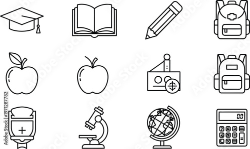 School supplies and education symbols icon set with graduation cap