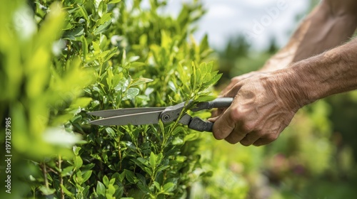 Close-up of hands pruning green hedge with garden shears in sunny backyard