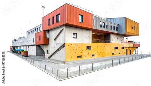 A modern, geometric building, featuring concrete, orange, gray, and yellow panels, has a unique asymmetrical design