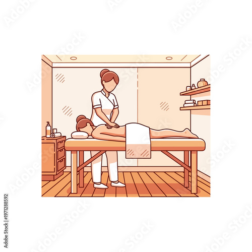 A professional masseuse gives a therapeutic massage to a client lying on a massage table in a well-lit spa room.