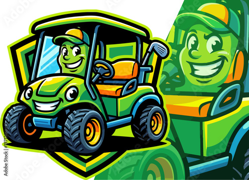 Green cartoon golf cart driver.