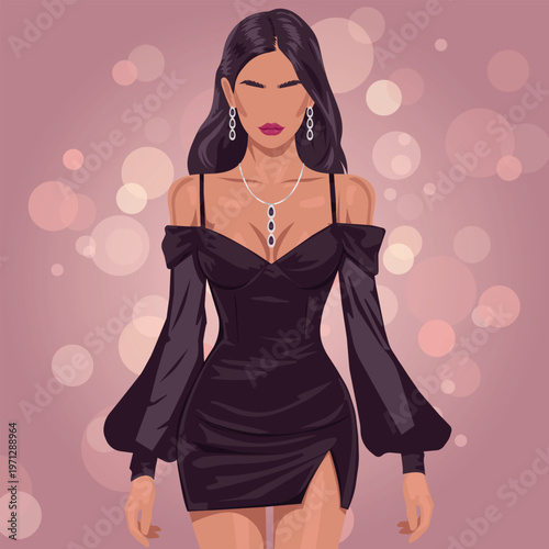 Beautiful Young Woman in Sexy Plum Noir Mini Dress with Slit and Puffy Sleeves, Glamorous Fashion Illustration of a Brunette Girl with Jewelry on Pink Bokeh Background for Party and Nightlife.
