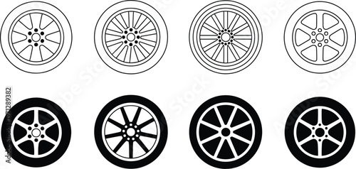 Car wheel icons set, alloy rim designs collection, automotive tire symbols outline and solid vector