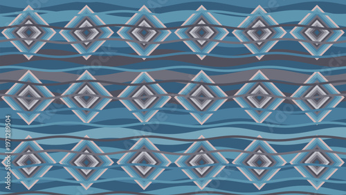 Seamless abstract geometric pattern with layered blue diamonds and undulating grey waves, creating a modern decorative textile design, perfect for a calming wallpaper background, digital