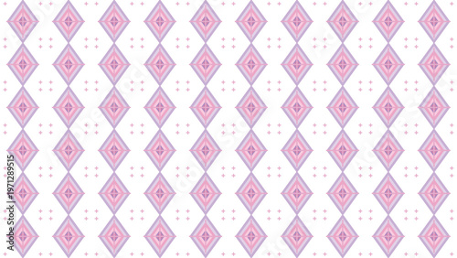 Seamless geometric diamond pattern, featuring pastel pink and purple concentric shapes, accented by small plus signs on a clean white background, perfect for modern textile design, elegant