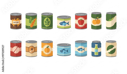 Canned food icon collection with grocery containers soup fruit and drink cans vector