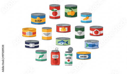 Canned food vector set with market product containers soup vegetable and fish tins